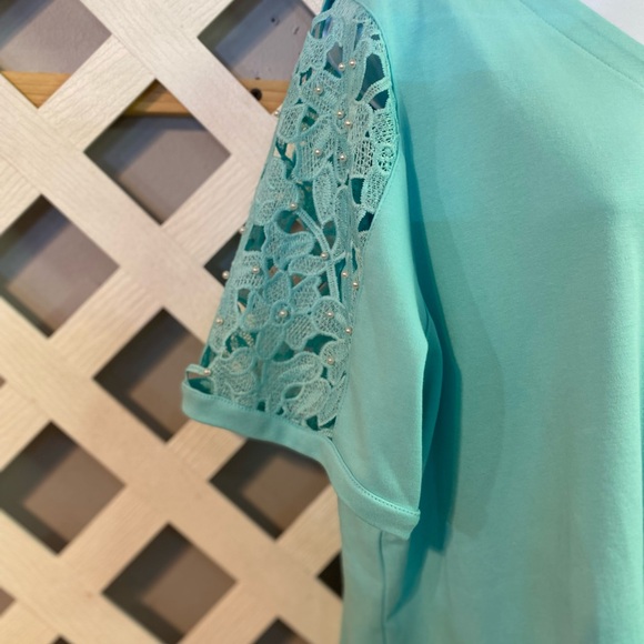 Quacker Factory Floral Pearl & Lace Snap Front Elbow Sleeve Cardigan Aqua XL - Picture 5 of 5